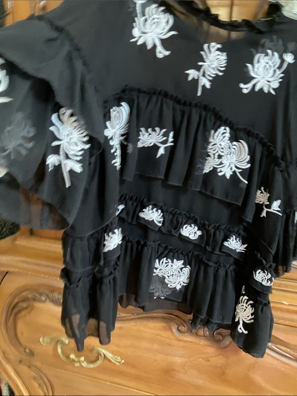 Zara Black Sheer Ruffled Blouse with White Floral Embroidery